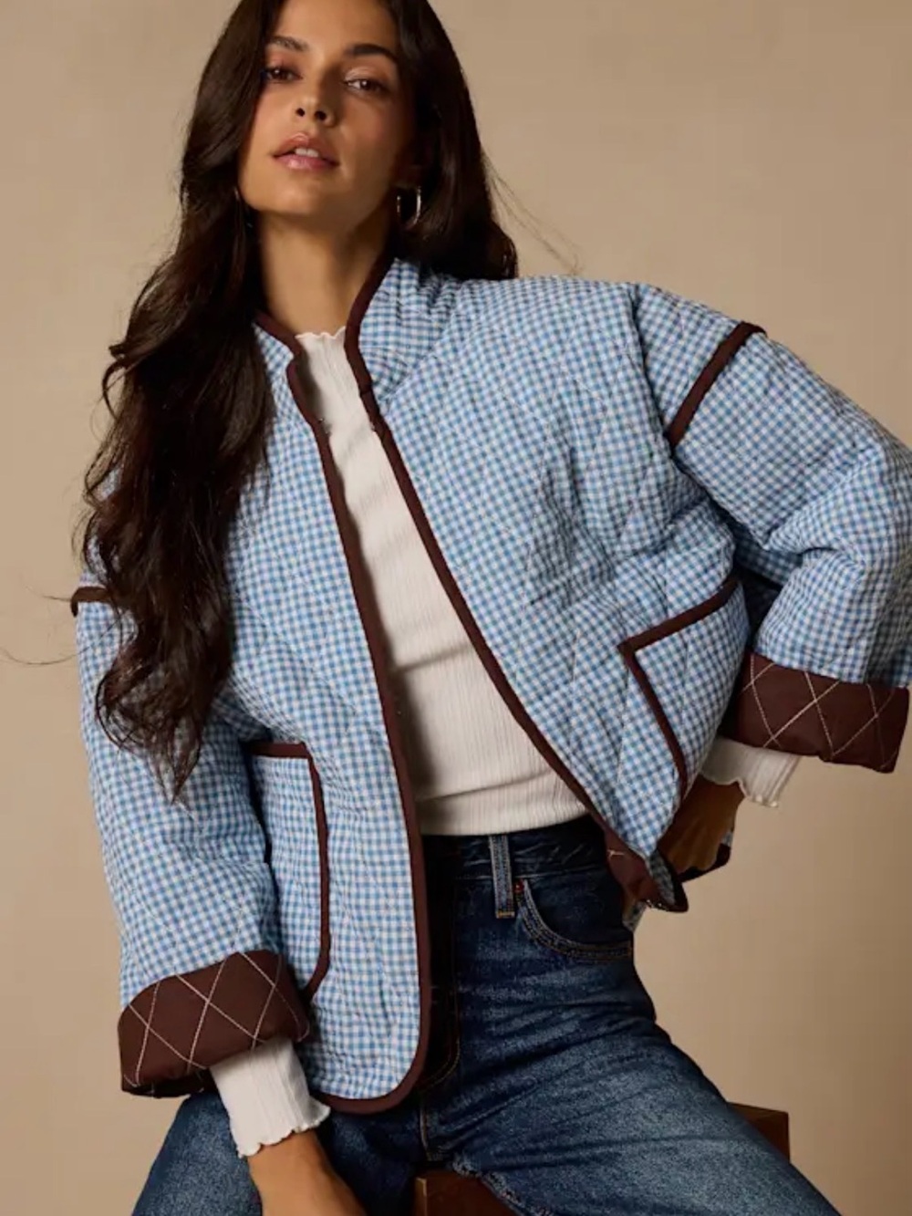 Lulu's Light Blue Gingham Quilted Puffer Jacket with Brown Trim